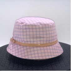 Mujers 22" sz S Blue Pink Plaid Designer Bucket Hat Cap Leather Trim Leatherware  eb-34789602